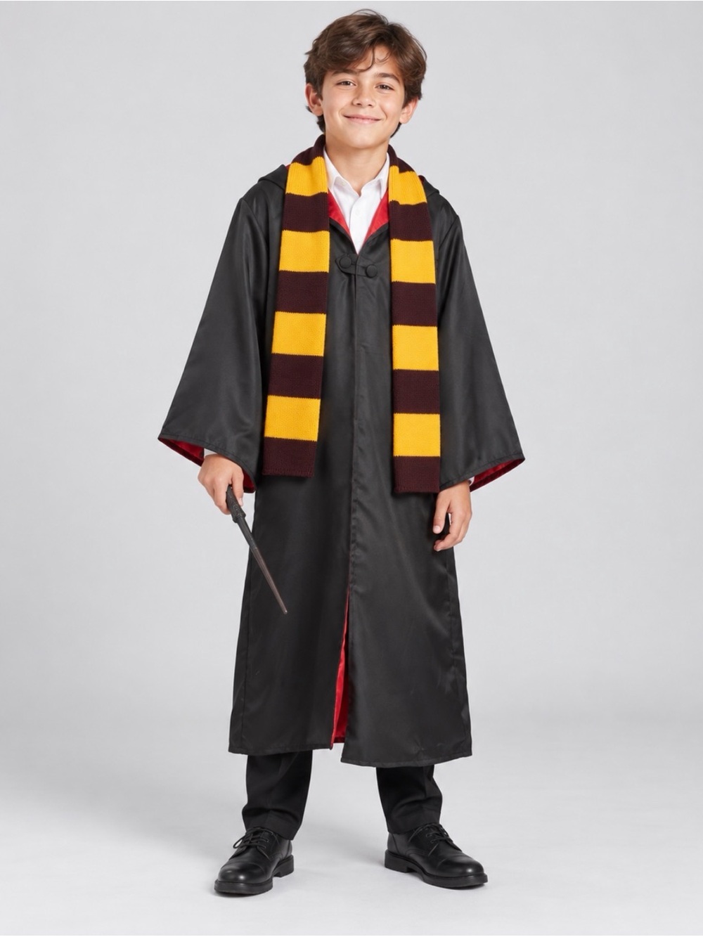 Black Kids' Costume Robe with Yellow Accent Scarf and wand